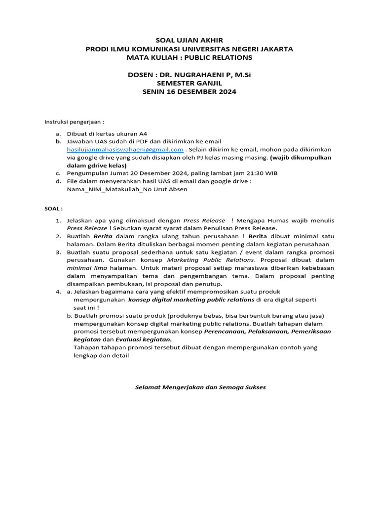 Soal UAS Public Relations UNJ 2024 | PDF
