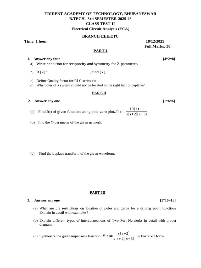 ECA Class Test II - B.Tech 3rd Semester | PDF