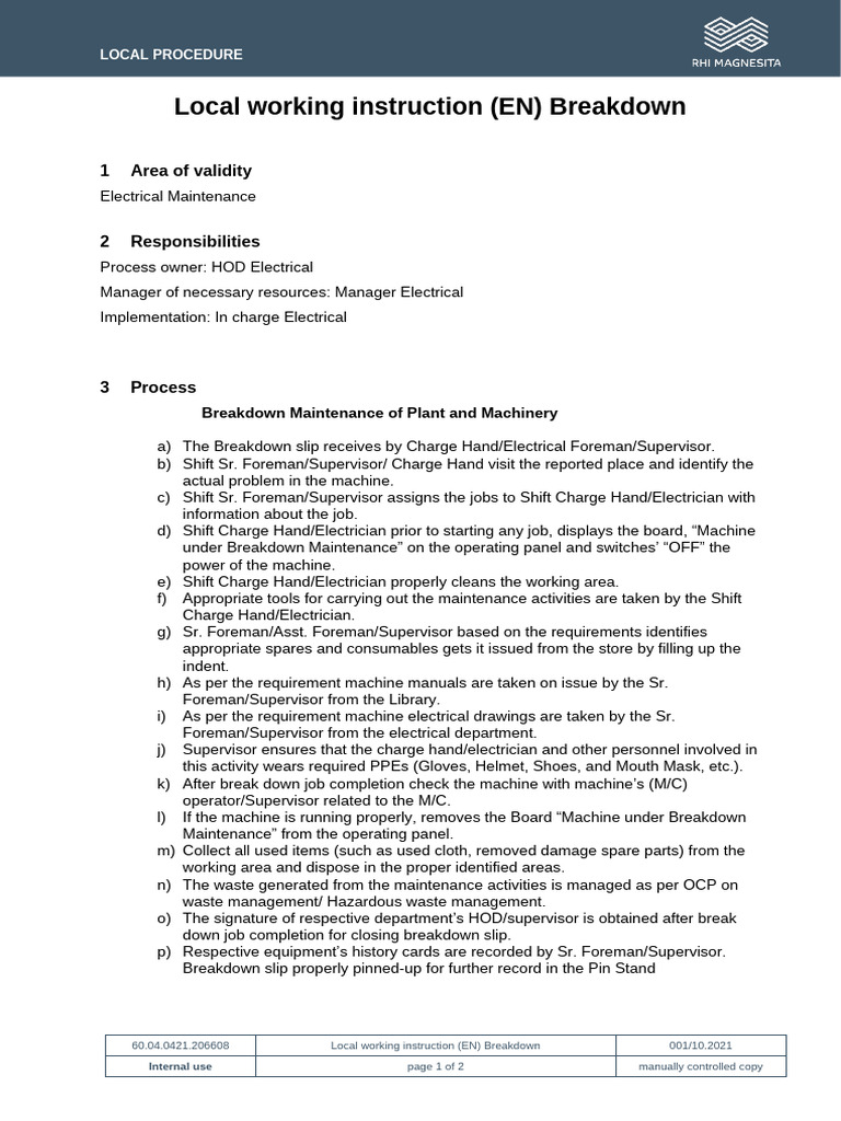 Breakdown Maintenance Procedure Guide | PDF | Electrician | Waste