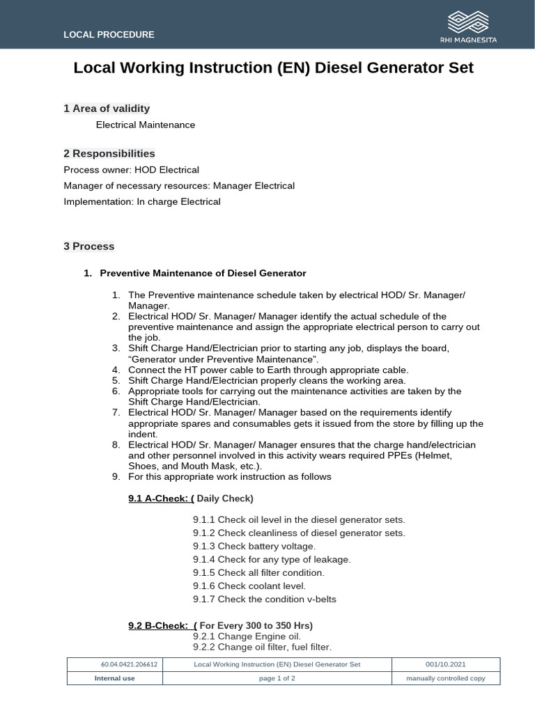 Diesel Generator Preventive Maintenance Guide | PDF | Waste | Electrician