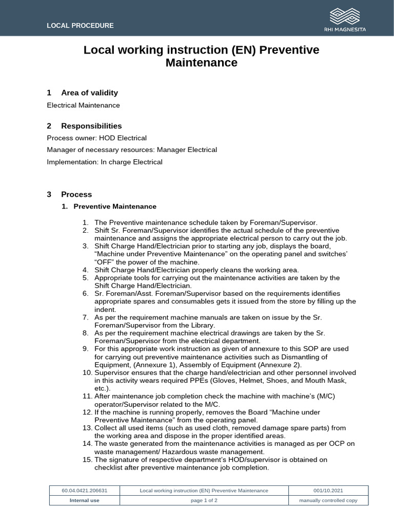 Local Working Instruction (En) Preventive Maintenance | PDF | Waste ...