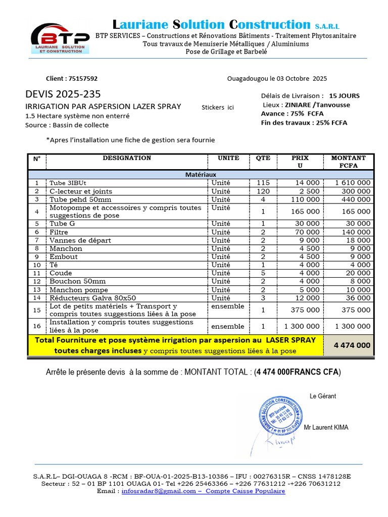 Devis Irrigation Aspersion 2025 - 4,47M FCFA | PDF