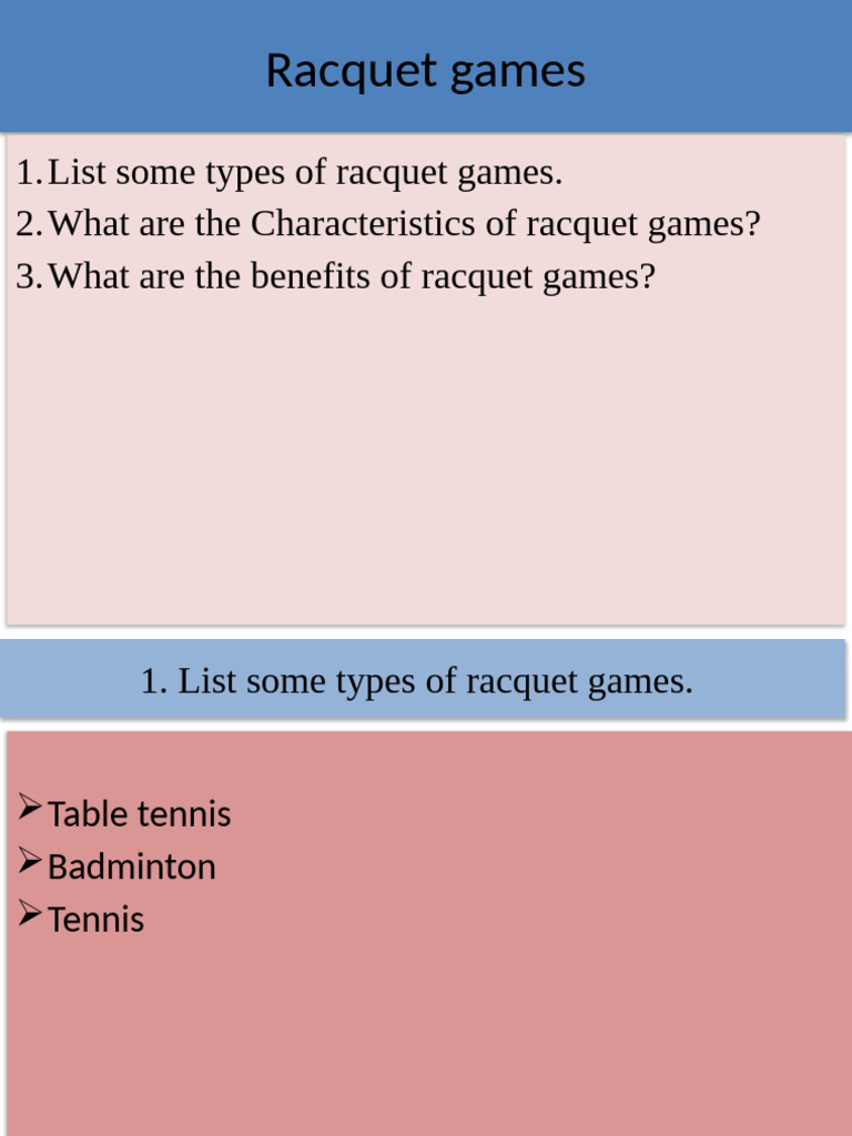 Types and Benefits of Racquet Games | PDF | Table Tennis | Ball Games