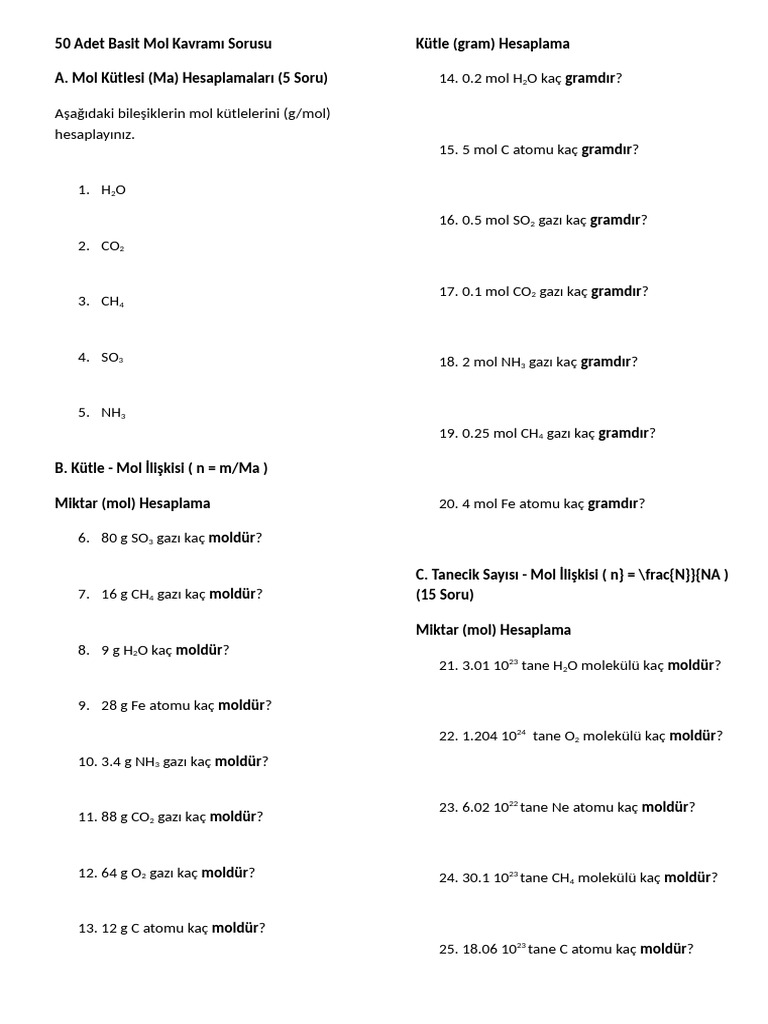50 Adet Basit Mol Kavramı Sorusu | PDF