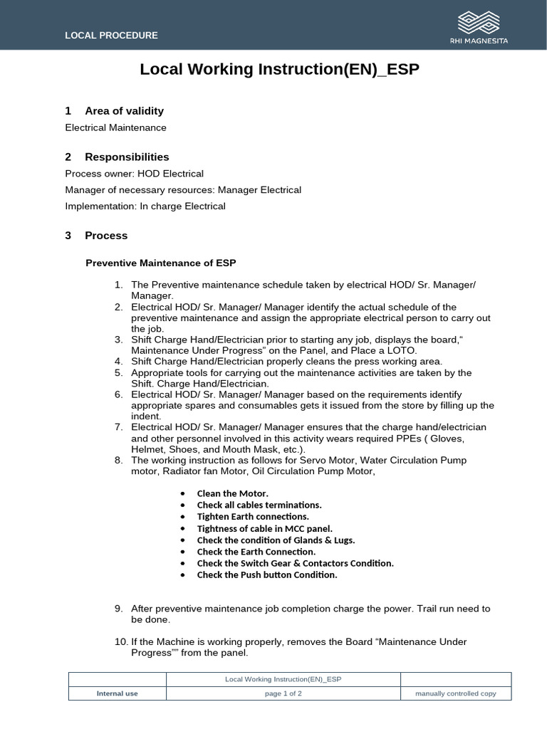 Preventive Maintenance Procedure for ESP | PDF