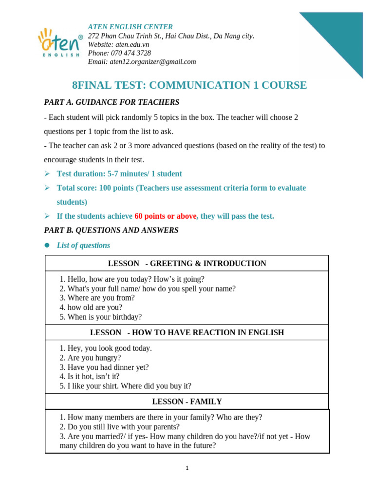 Communication Test Guide for Teachers | PDF