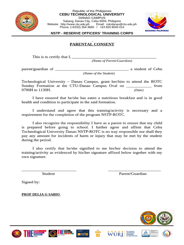 Parental Consent for NSTP-ROTC Training | PDF