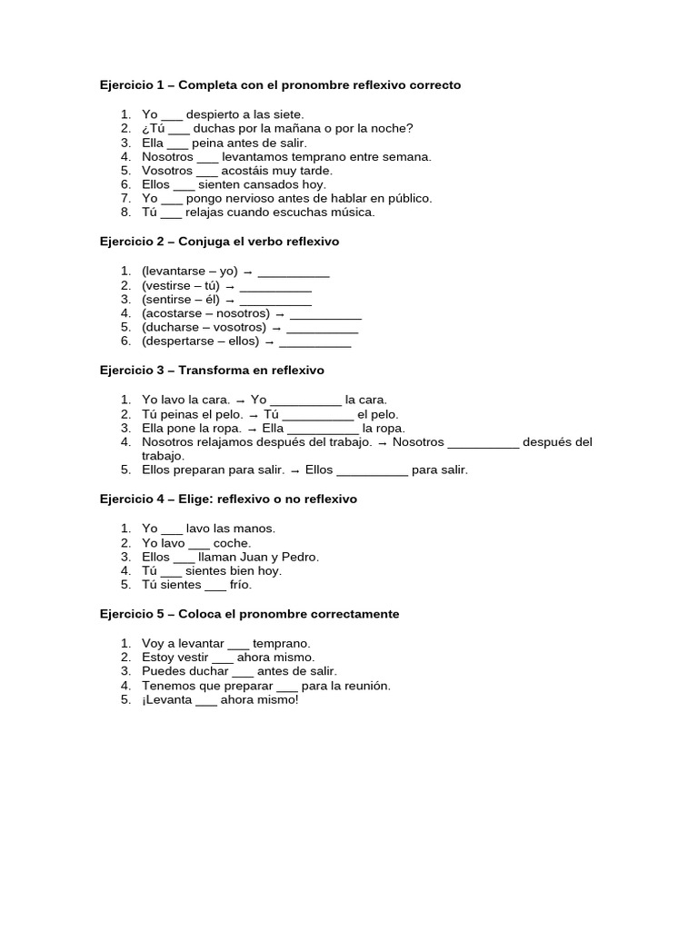 Ejercicios de pronombres reflexivos en español | PDF