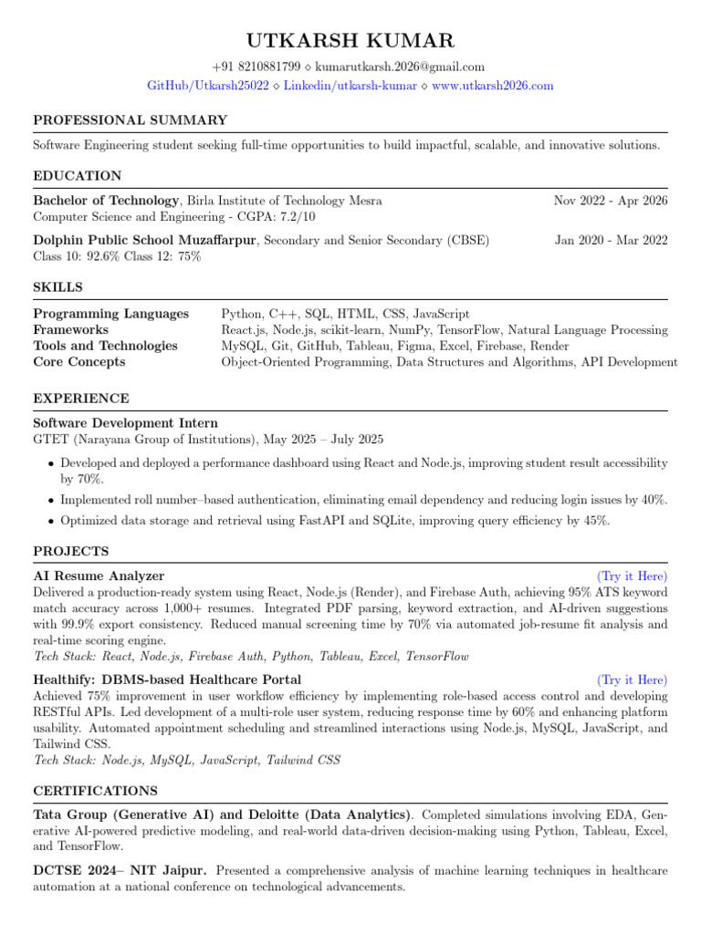 Resume TPBIT-BTECH25022221756461083 | PDF | My Sql | Java Script