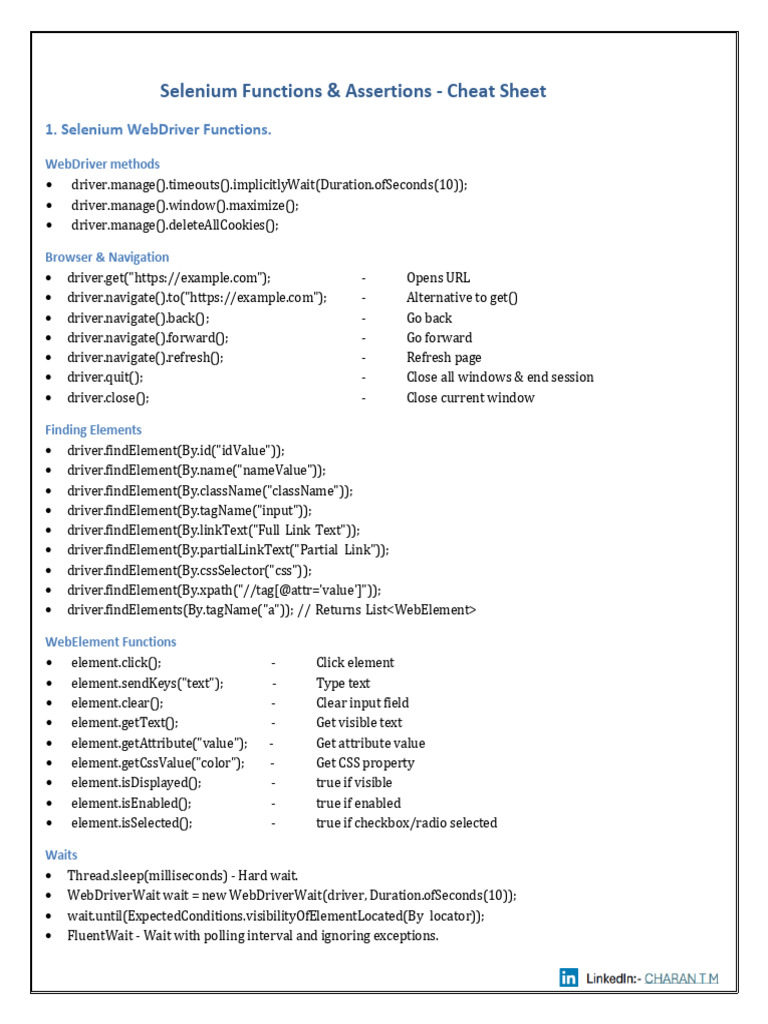 Selenium Functions & Assertions Guide | PDF | Selenium (Software ...