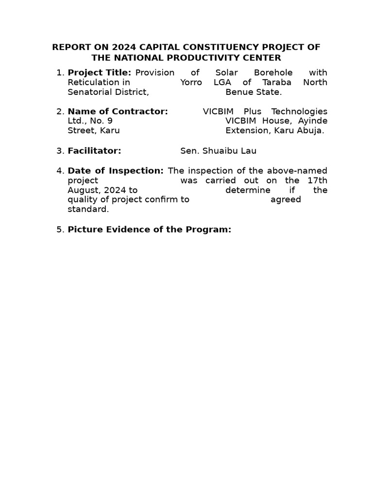 Report On 2024 Capital Constituency Project of The National ...