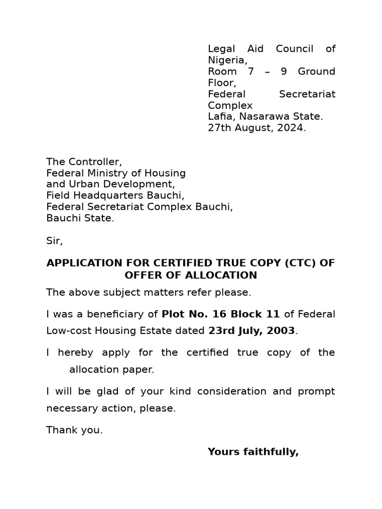Application for Certified True Copy of Housing Allocation | PDF
