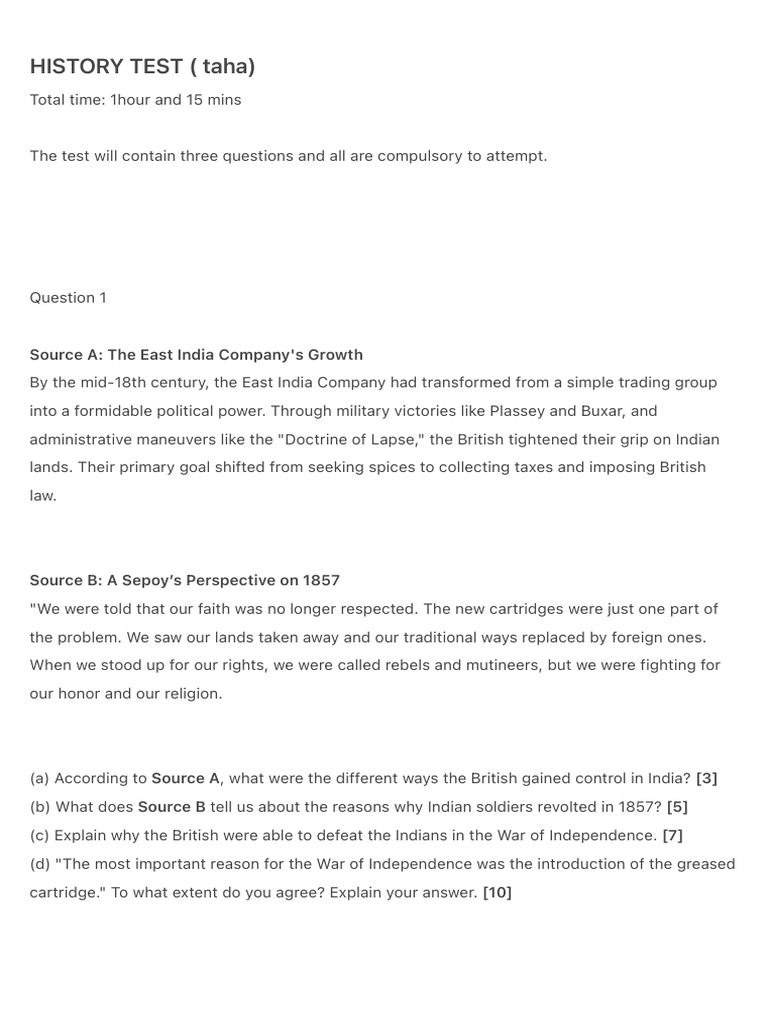 History Test on British India and Reforms | PDF