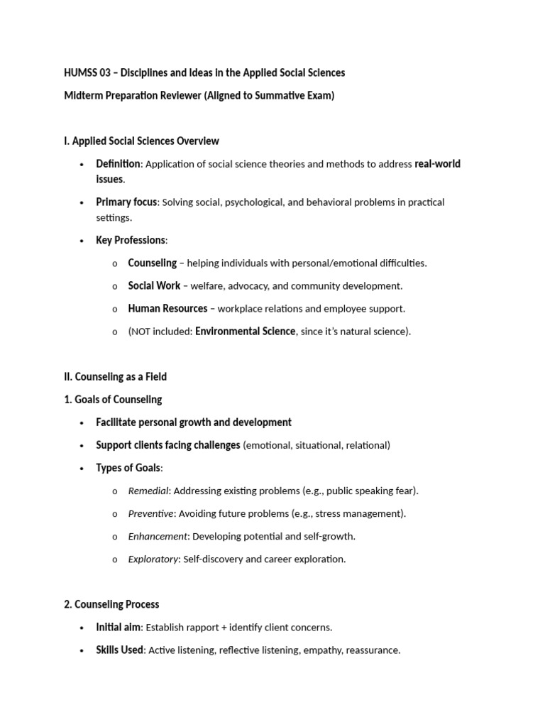 HUMSS 03: Applied Social Sciences Review | PDF | Psychotherapy | Mental ...