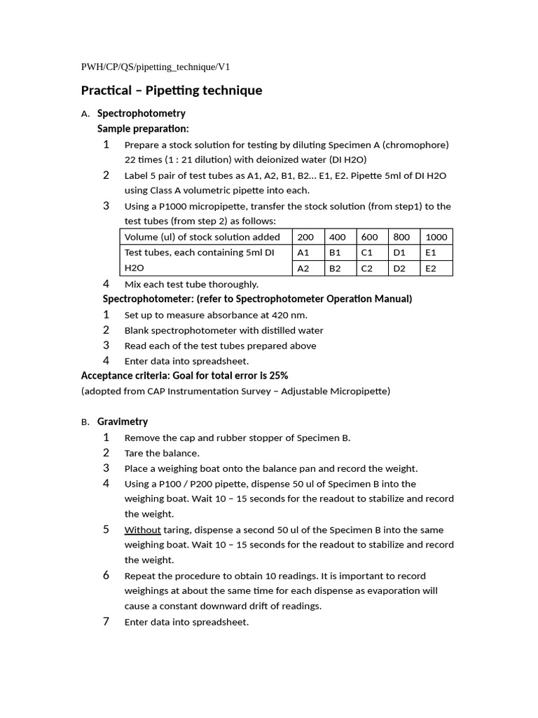 Pipetting Techniques for Spectrophotometry and Gravimetry | PDF