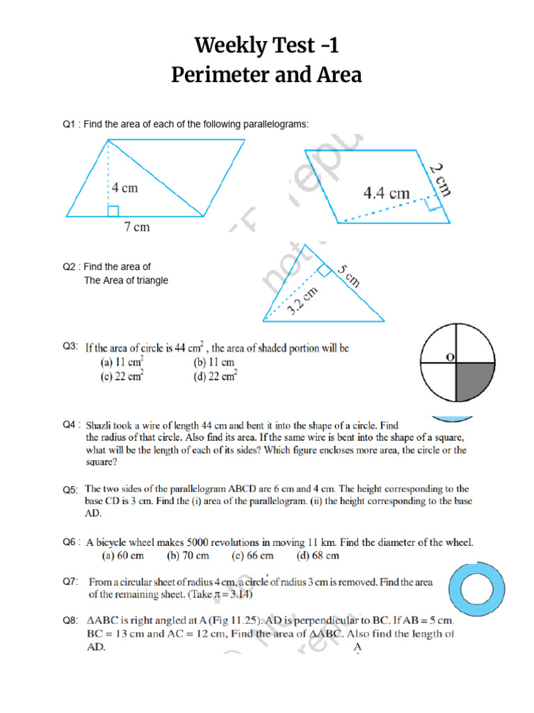 Weekly Test on Perimeter and Area | PDF