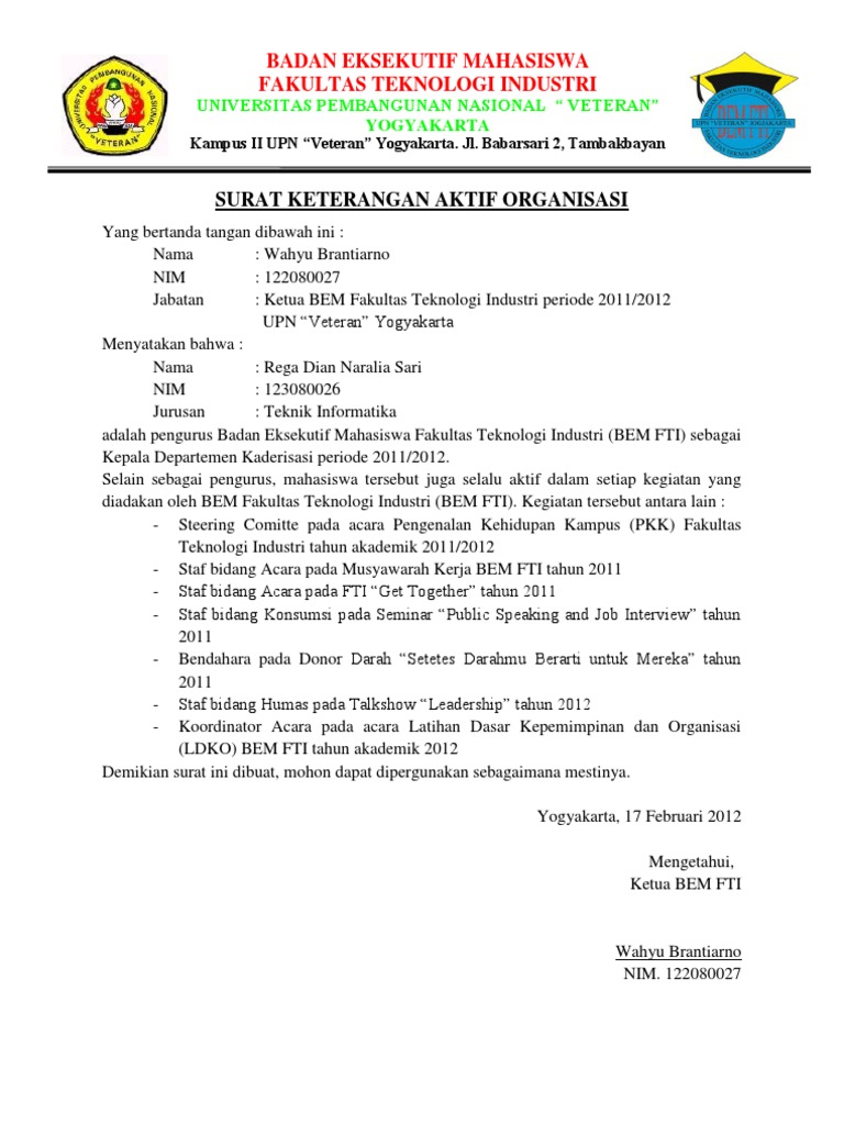 Surat Keterangan Aktif Organisasi