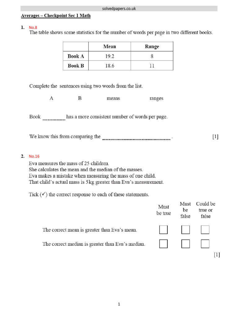 Averages Checkpoint Sec 1 Math Solutions | PDF