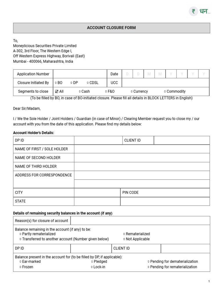 Account Closure Form for Securities | PDF