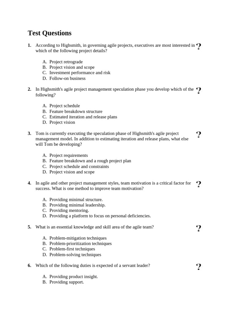 Agile Project Management Test Questions | PDF | Agile Software ...