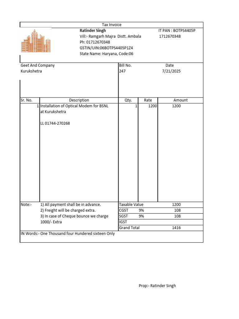 Tax Invoice for Optical Modem Installation | PDF