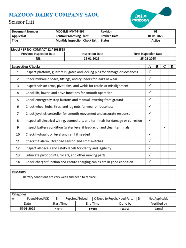 Scissor Lift Checklist 01-2025 | PDF | Mechanical Engineering ...