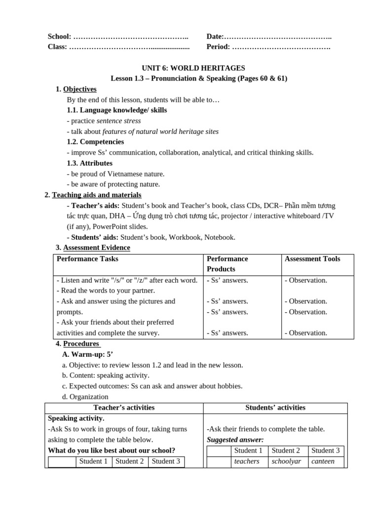 Unit 6 - Lesson 1.3 - Pronun & Speaking - Pages 60 & 61 | PDF ...