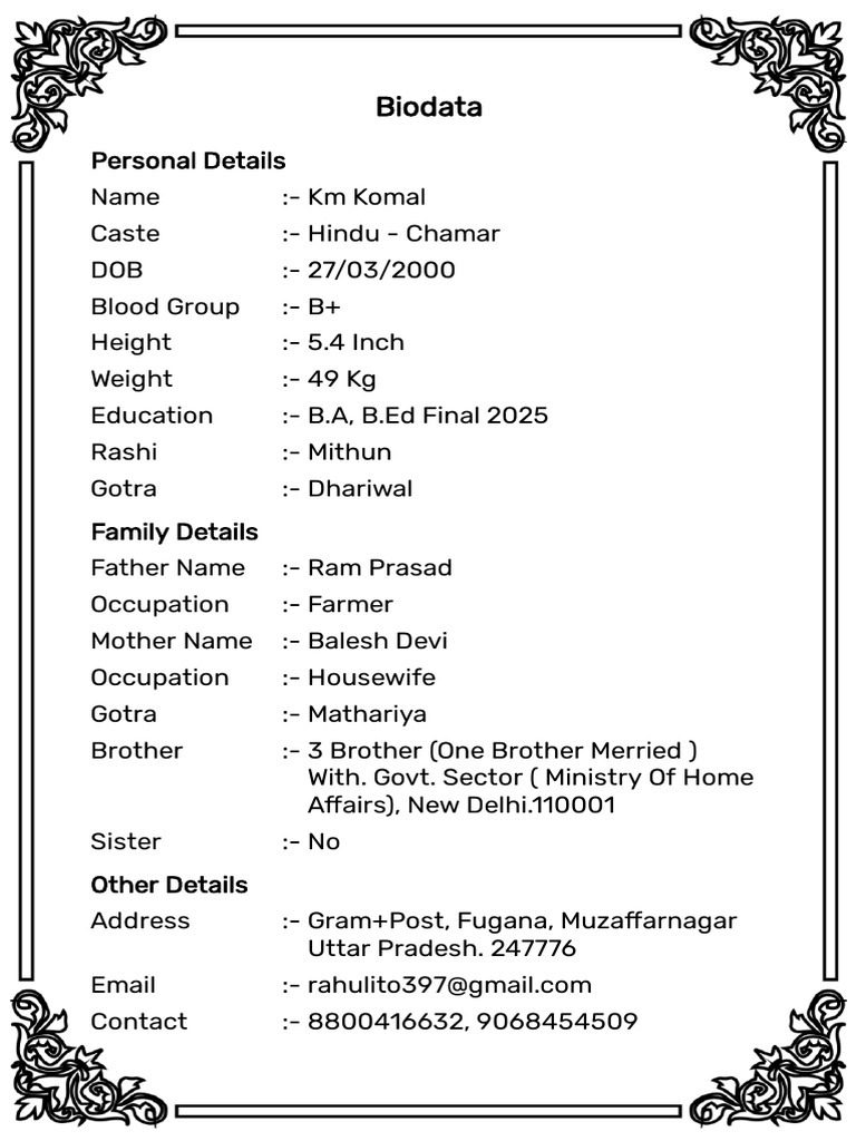 Km Komal's Personal Biodata Profile | PDF