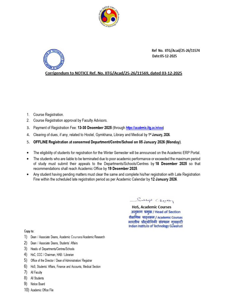 IIT Guwahati Winter Semester Registration 2026 | PDF
