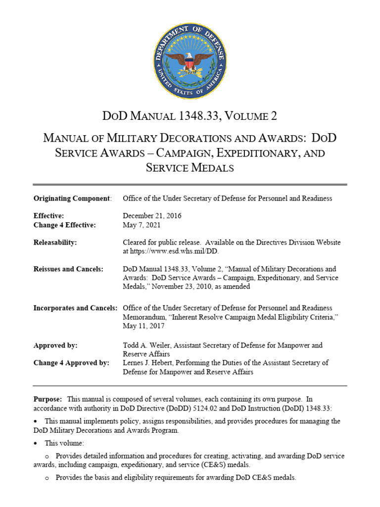 DOD Manual on Military Awards and Medals | PDF | United States ...