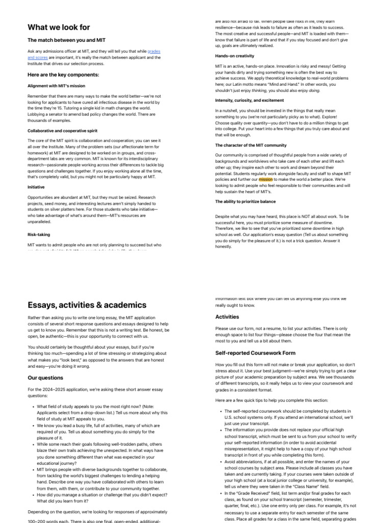 MIT Admissions: Key Selection Criteria | PDF | Massachusetts Institute ...