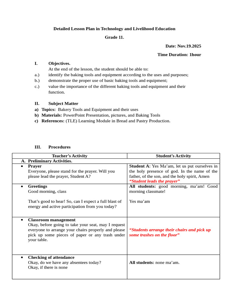 Grade 11 Baking Tools Lesson Plan | PDF | Baking | Sheet Pan