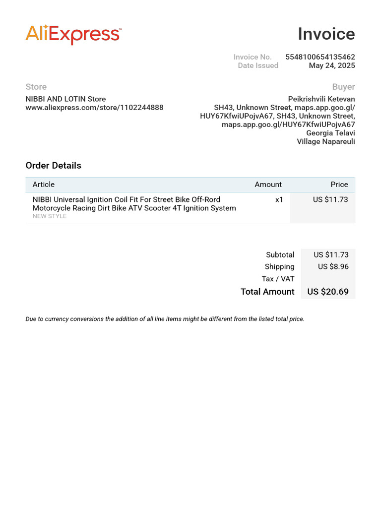 Invoice for NIBBI Ignition Coil Purchase | PDF