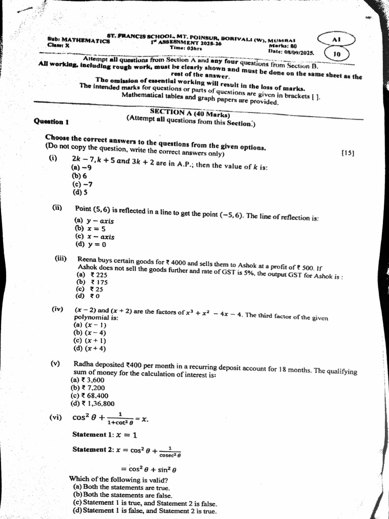 Std 10 Mathematics Assessment 2025 | PDF | Mathematics | Algebra