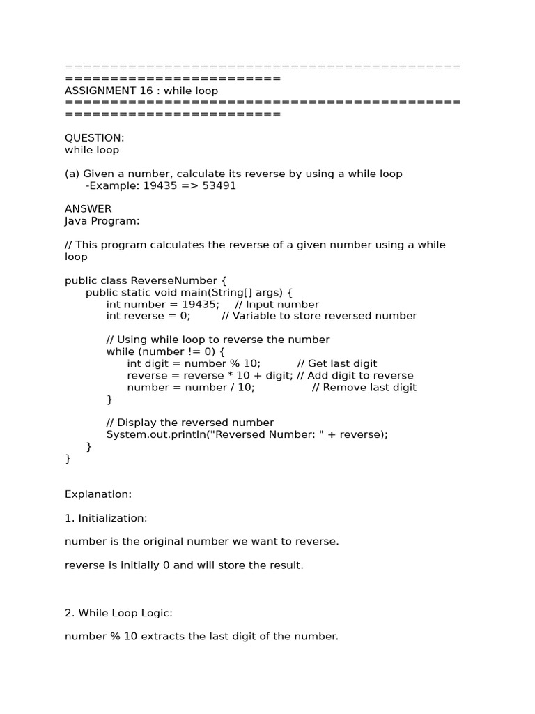 Reverse Number Using While Loop in Java | PDF