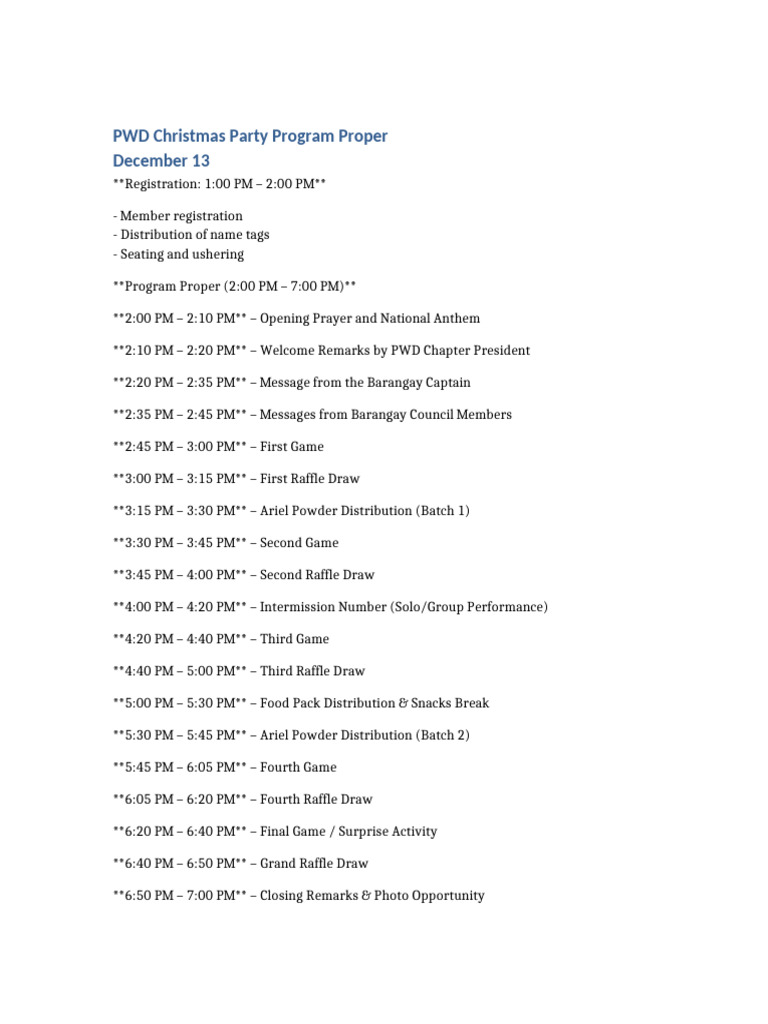 PWD Christmas Party Program Schedule | PDF
