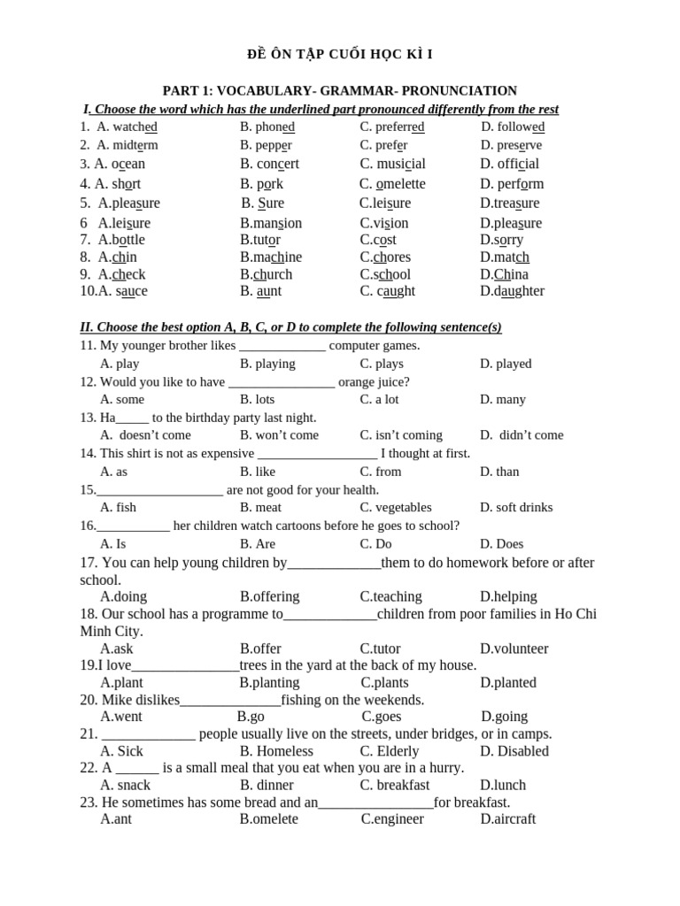 Vocabulary and Grammar Practice Test | PDF | Cuisine | Foods
