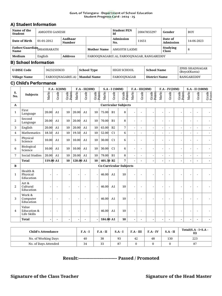 Amgoth Ganesh 8th Progress Card | PDF | Intelligence