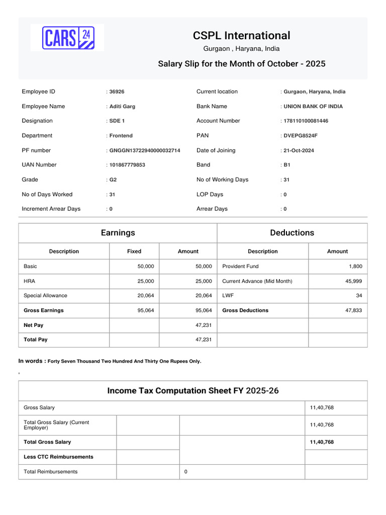 October 2025 Salary Slip for Aditi Garg | PDF | Tax Deduction | Taxes