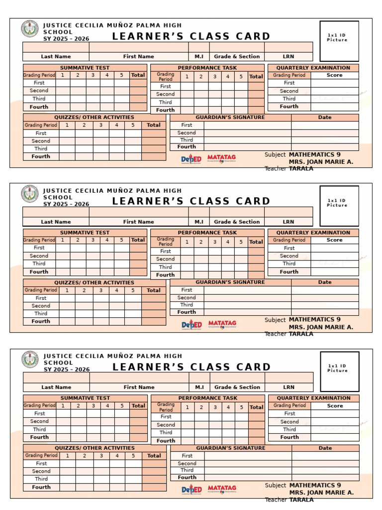 Mathematics 9 Class Card Template | PDF