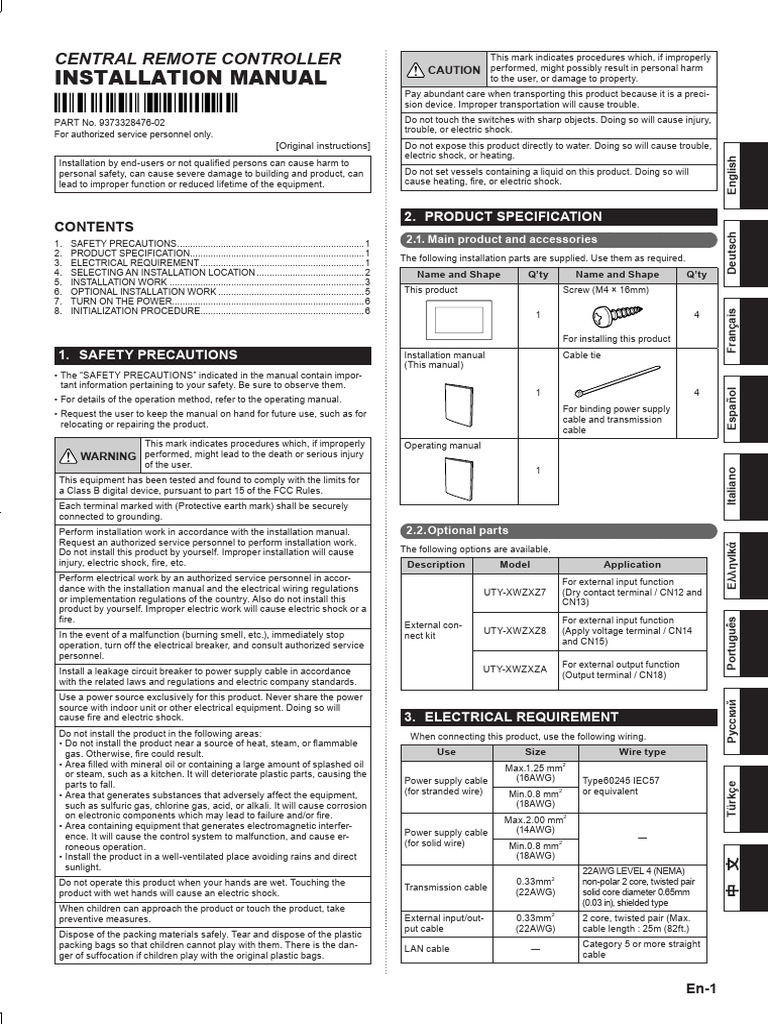 Central Remote Controller Installation Guide | PDF | Power Supply ...