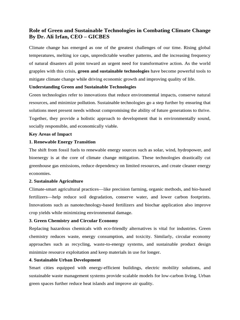 Green Technologies Against Climate Change | PDF | Climate Change ...