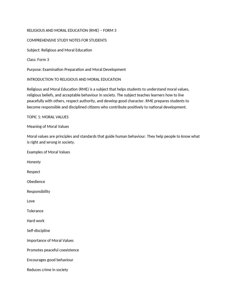 RME Study Notes for Form 3 Students | PDF | Peace | Morality