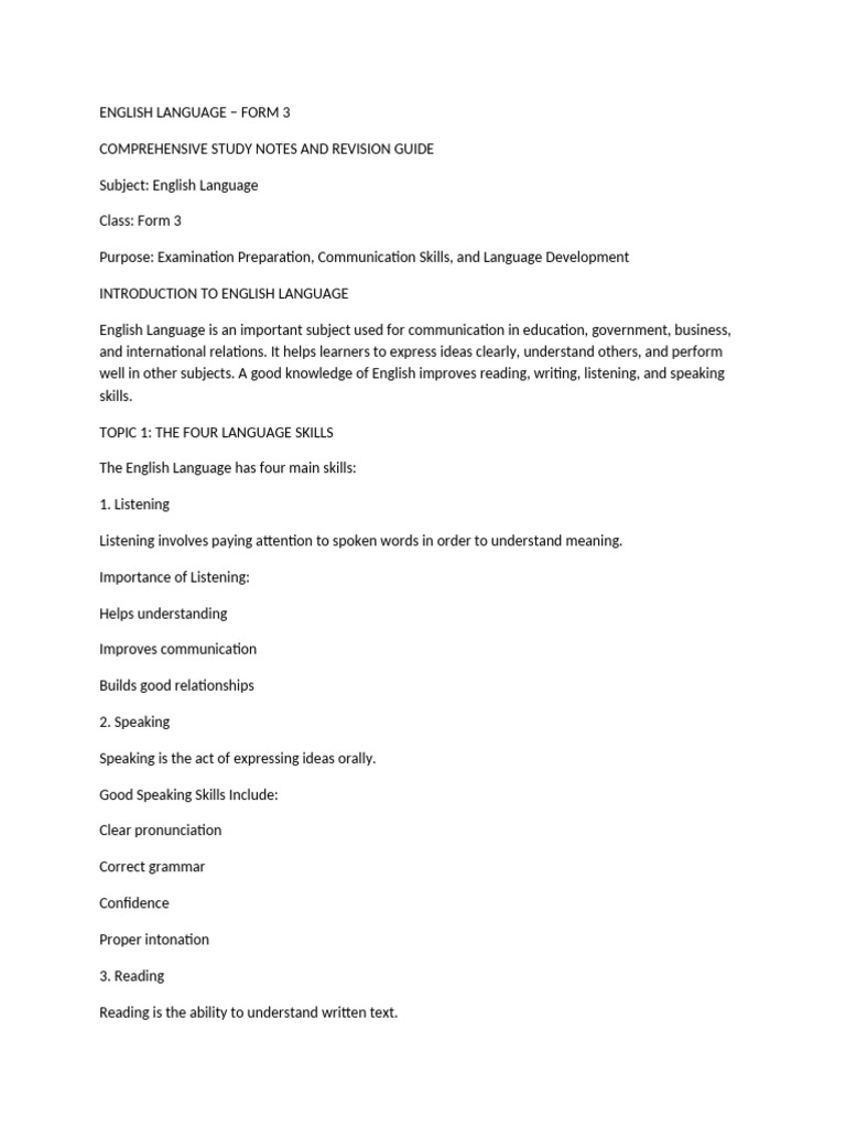 Form 3 English Language Study Guide | PDF | English Language | Sentence ...