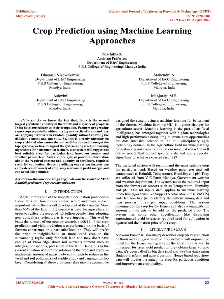 Crop Prediction Using Machine Learning Approaches | PDF