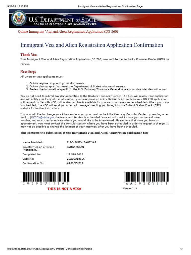 DS-260 Immigrant Visa Application Confirmation | PDF | Travel Visa ...