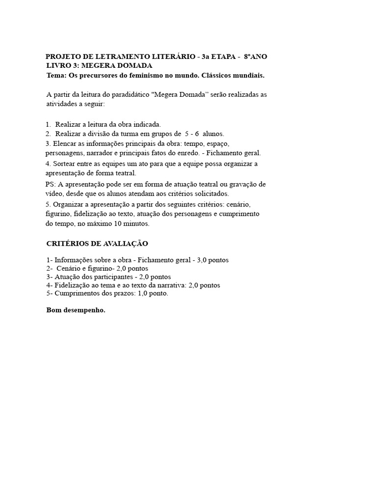 Letra Literária: Megera Domada 8º Ano | PDF