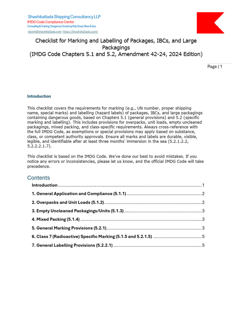 IMDG Code Marking & Labelling Checklist | PDF | Dangerous Goods ...
