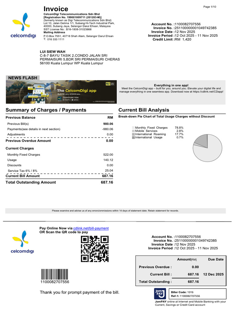 CelcomDigi Invoice Summary 2025 | PDF | Service Industries ...