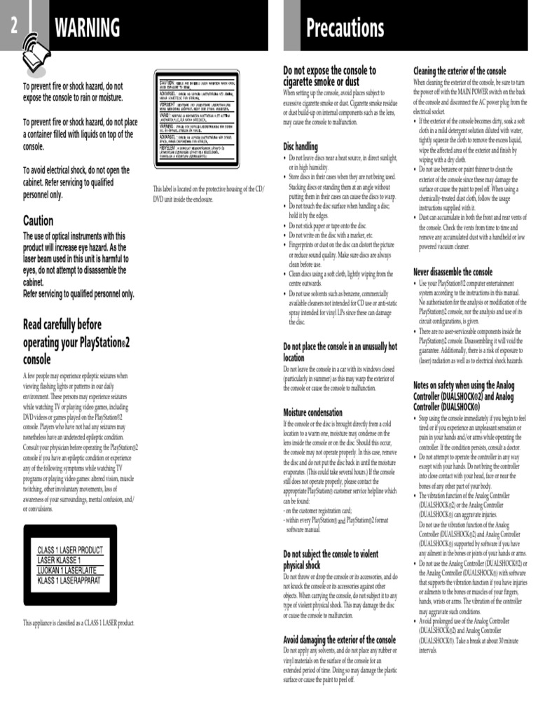 Caution: Read Carefully Before Operating Your Playstation 2 Console | PDF